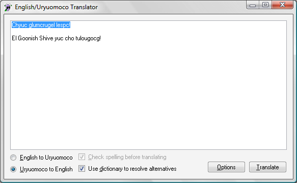 Screenshot of the English/Uryuomoco Translator